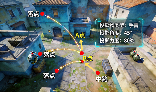 CSGO投掷物高清点位3D视频截图与落点标注示意