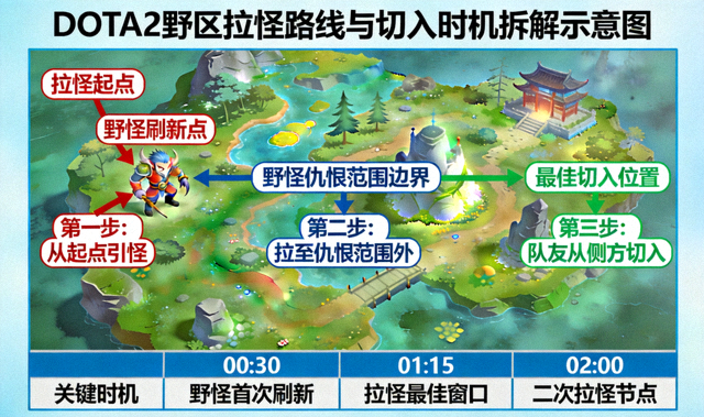 DOTA2野区拉怪路线与切入时机拆解示意图