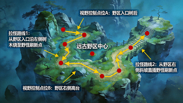DOTA2远古野区拉怪路线与视野控制点位示意图